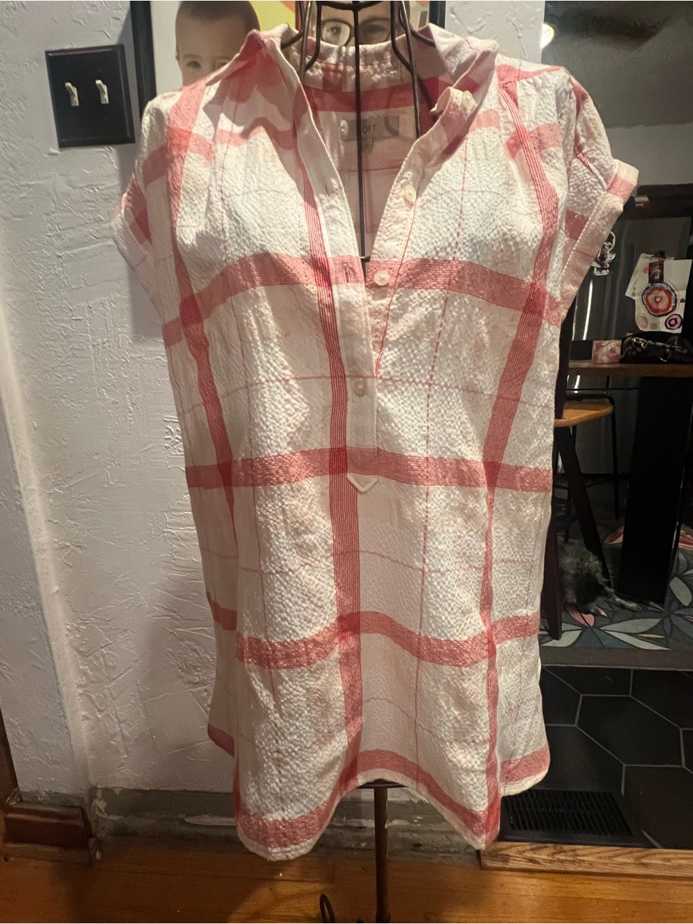 LOFT White and Coral Windowpane Short Sleeve Tunic